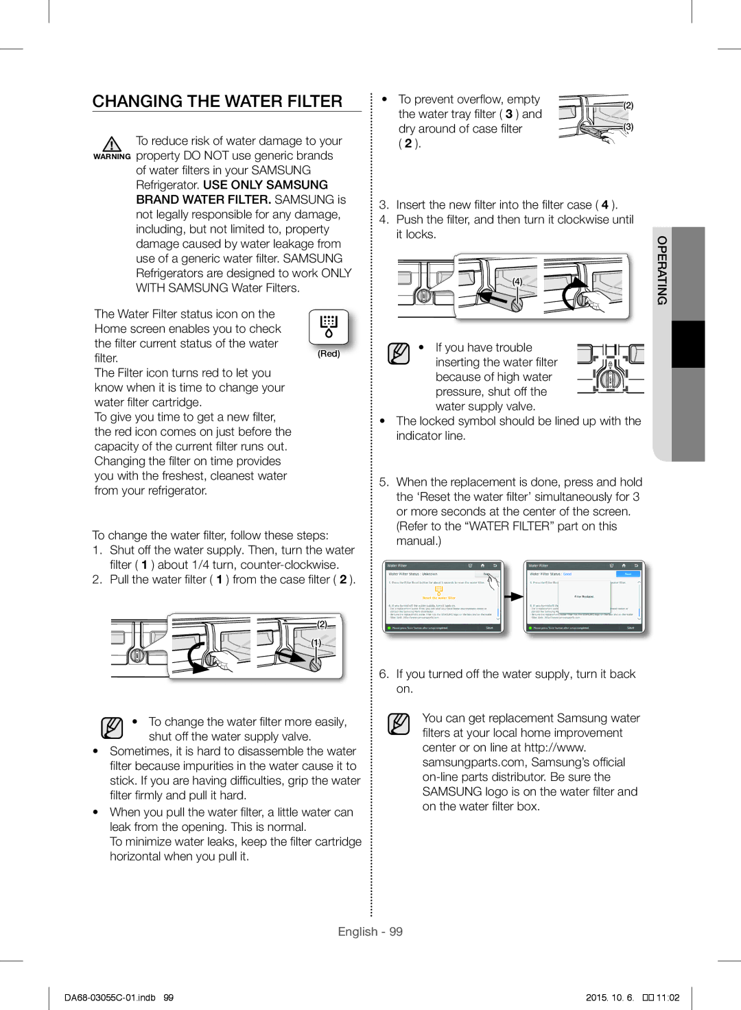 Samsung RF28HMELBSR/ML manual Changing the Water Filter, Push the filter, and then turn it clockwise until 