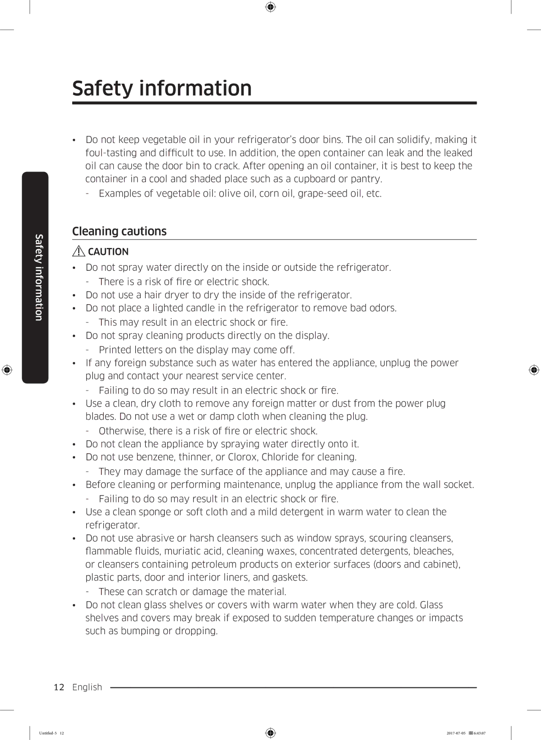 Samsung RF28K9070SR/ML manual Cleaning cautions 