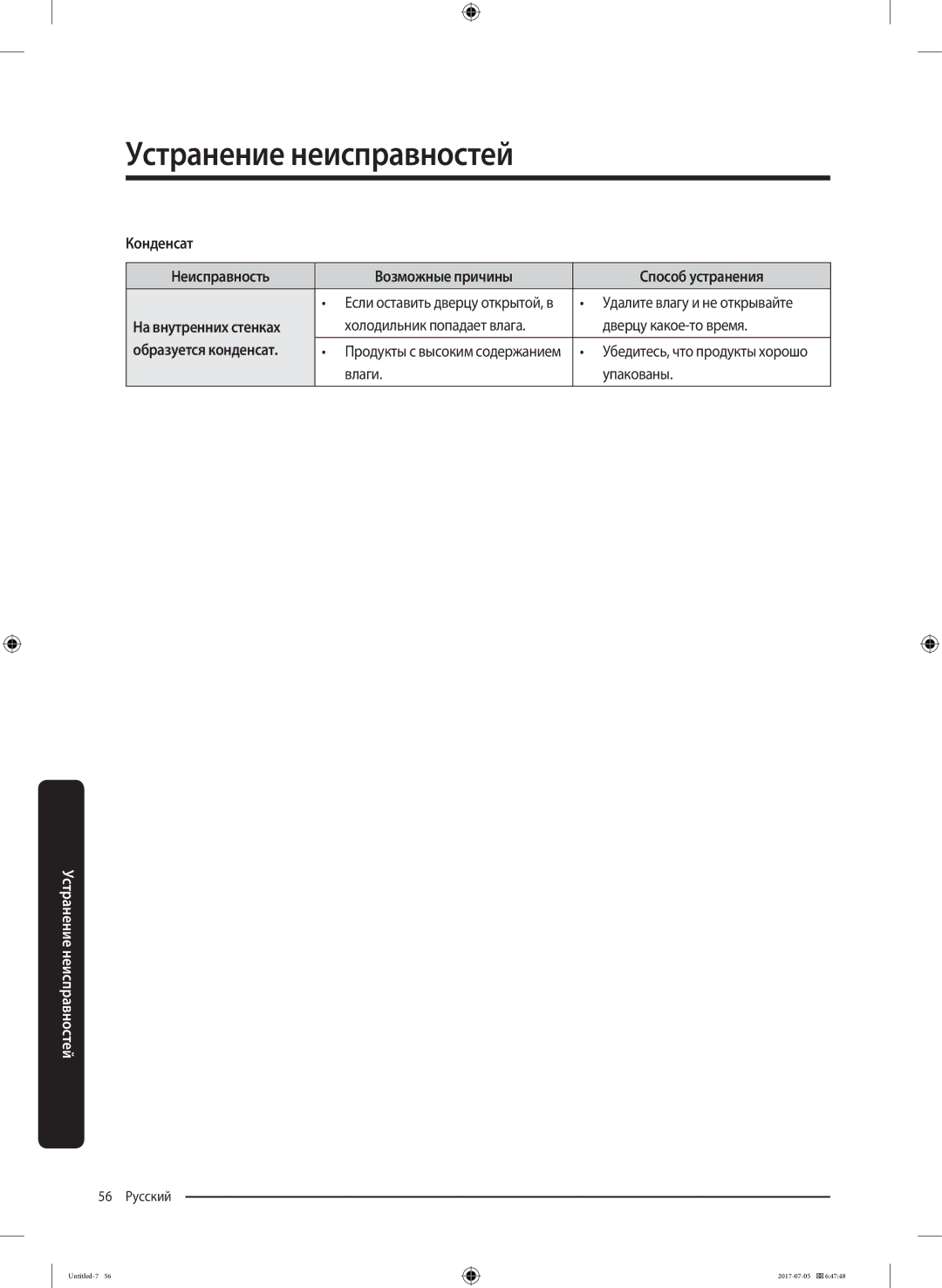 Samsung RF28K9070SR/ML manual Конденсат Неисправность Возможные причины Способ устранения 