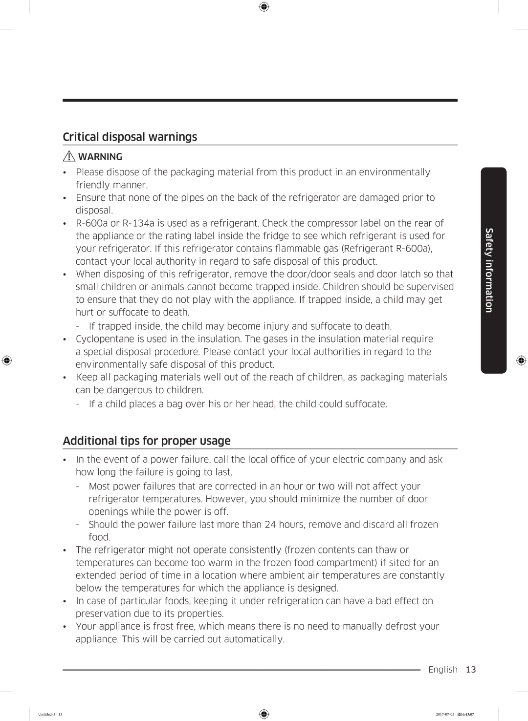 Samsung RF28K9070SR/ML manual Critical disposal warnings, Additional tips for proper usage 