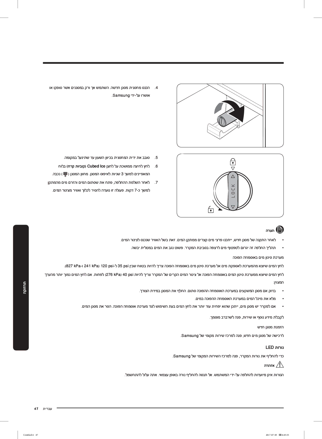 Samsung RF28K9070SR/ML manual Led תורונ, הרעה, Samsung לש ימוקמ תוריש זכרמל הנפ ,שדח םימ ןנסמ לש השיכרל, הרהזא 