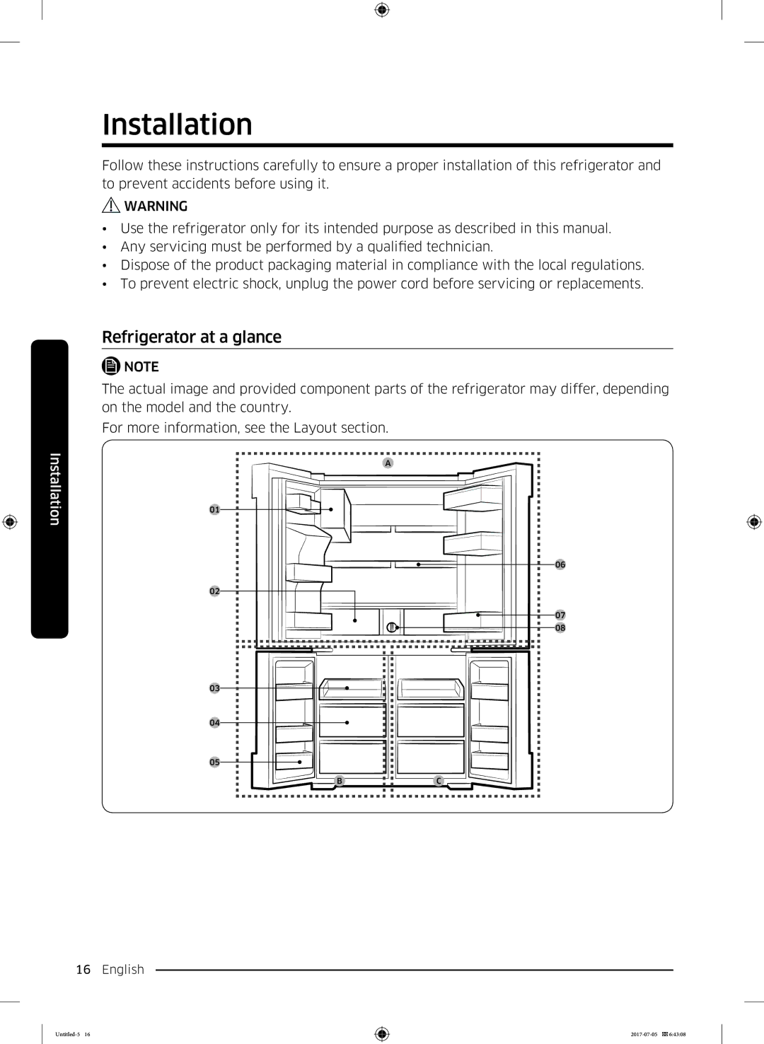 Samsung RF28K9070SR/ML manual Installation, Refrigerator at a glance 