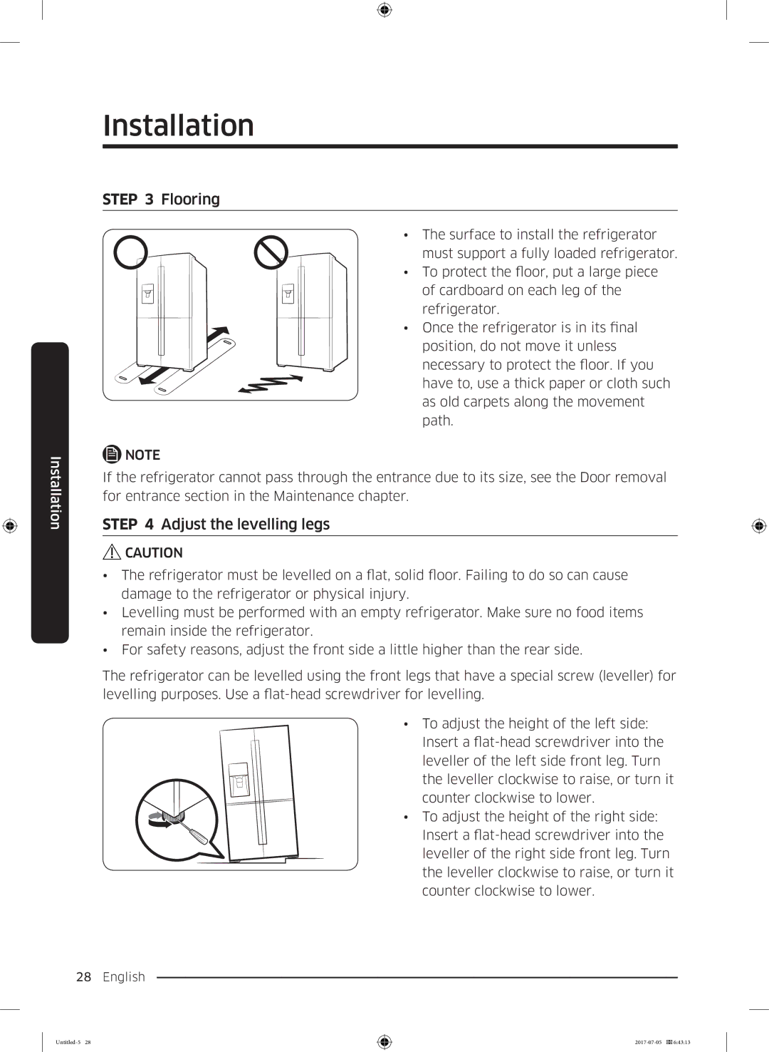 Samsung RF28K9070SR/ML manual Flooring, Adjust the levelling legs 