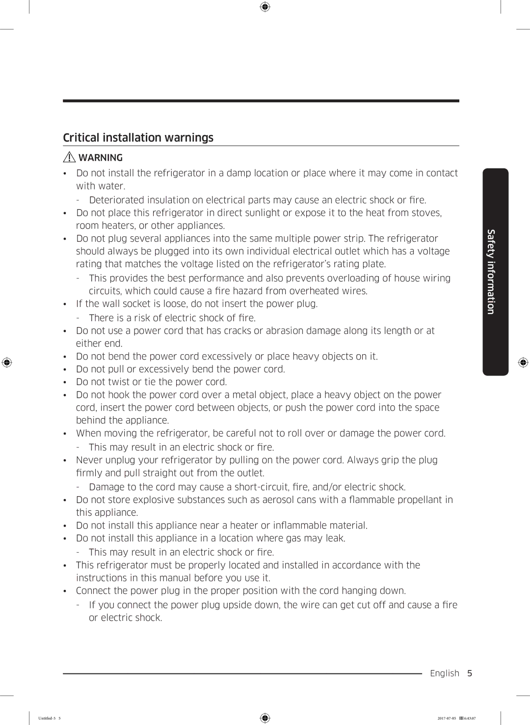 Samsung RF28K9070SR/ML manual Critical installation warnings 