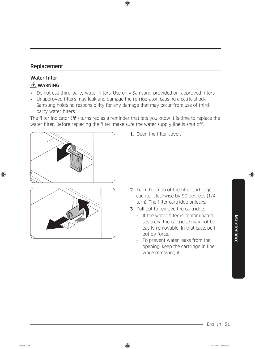 Samsung RF28K9070SR/ML manual Replacement, Water filter 