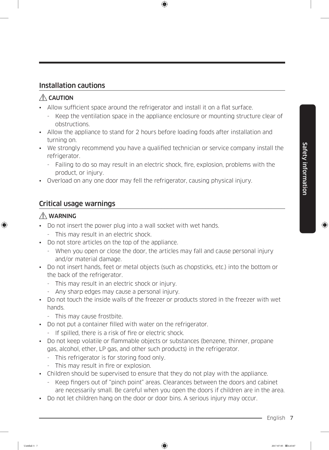 Samsung RF28K9070SR/ML manual Installation cautions, Critical usage warnings 