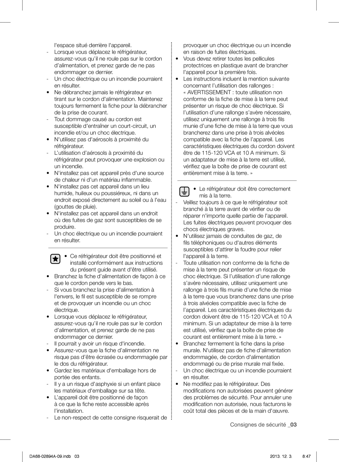 Samsung RF31FMEDBBC, RF31FMEDBSR, RF31FMESBSR user manual Lappareil à la terre, La terre que vous brancherez dans une prise 