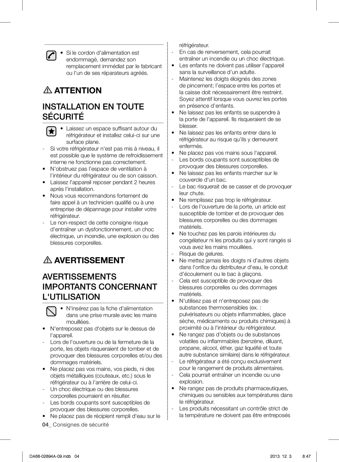 Samsung RF31FMEDBSR, RF31FMESBSR Installation EN Toute Sécurité, Avertissements Importants Concernant Lutilisation 