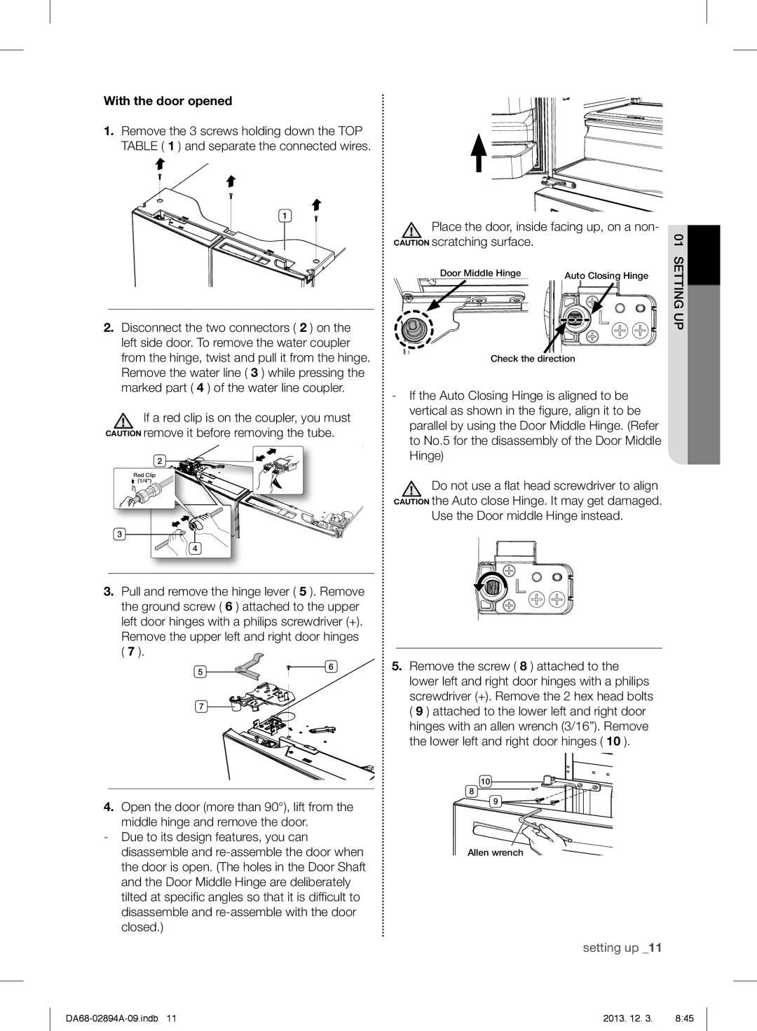 Samsung RF31FMEDBBC With the door opened, Place the door, inside facin g up, on a non, CA Utio N scratching surface 