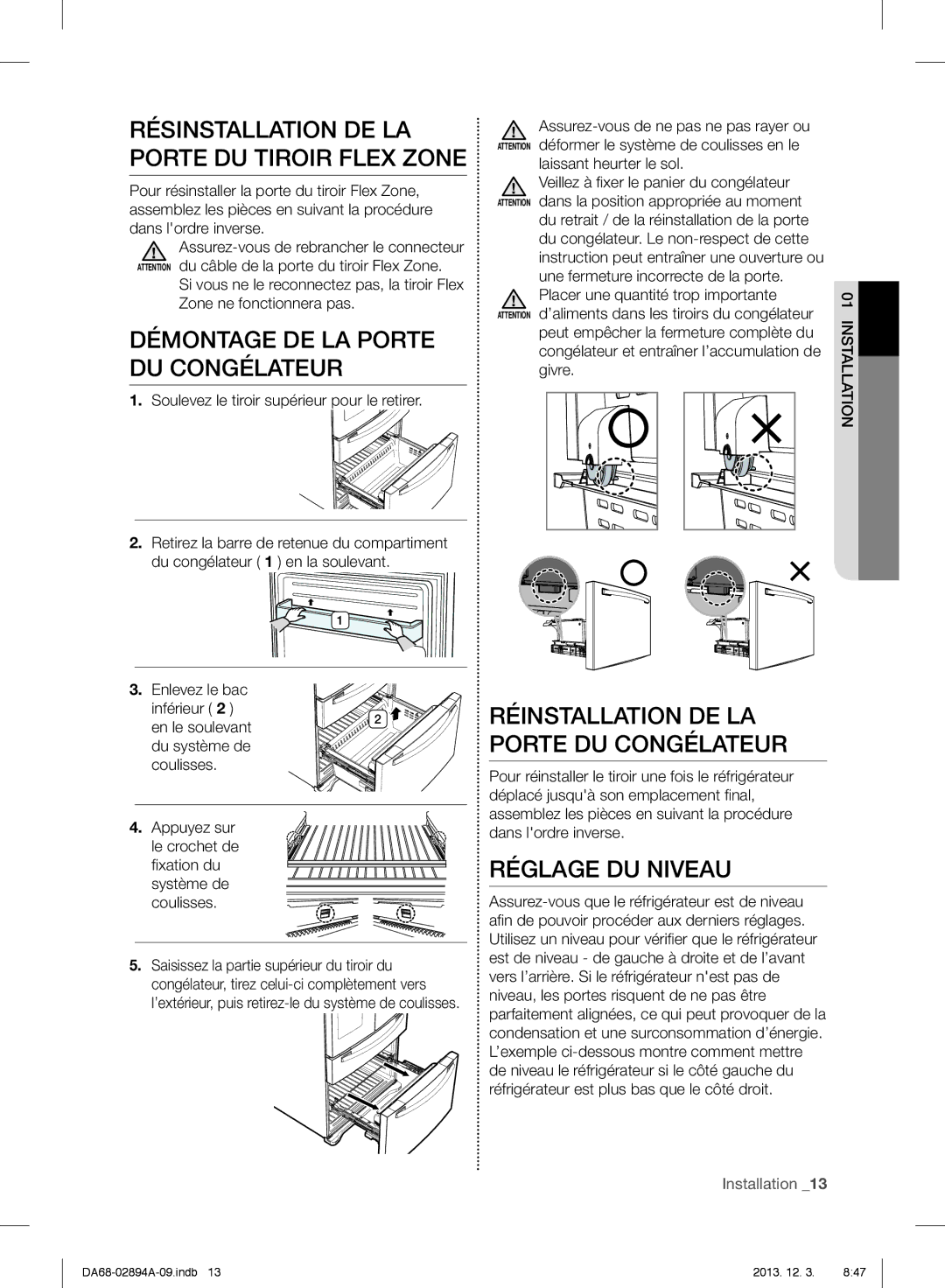 Samsung RF31FMEDBSR, RF31FMESBSR Résinstallation DE LA Porte DU Tiroir Flex Zone, Démontage DE LA Porte DU Congélateur 