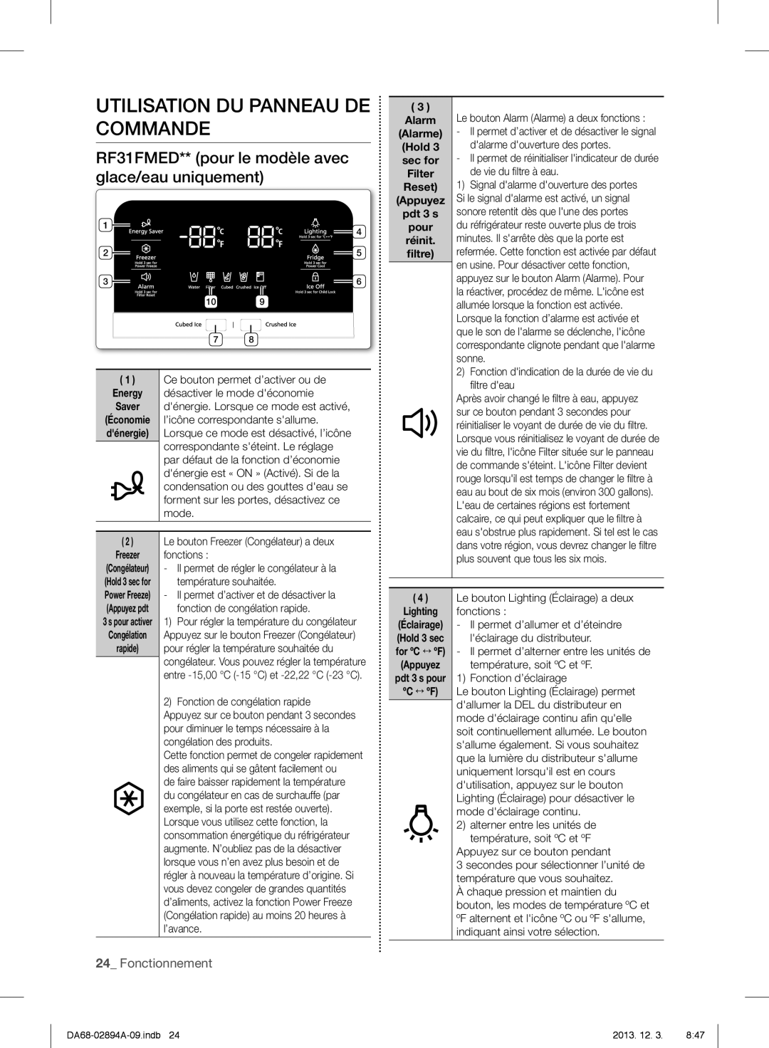 Samsung RF31FMEDBBC, RF31FMEDBSR, RF31FMESBSR user manual RF31FMED** pour le modèle avec glace/eau uniquement, Dénergie 