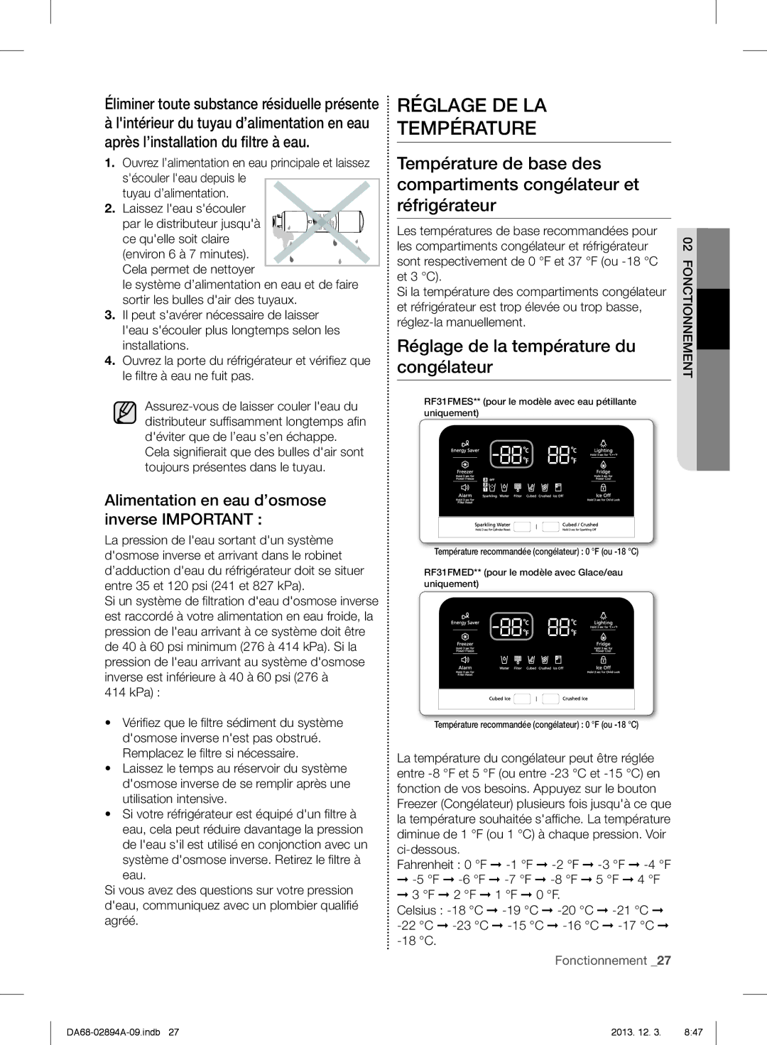 Samsung RF31FMEDBBC, RF31FMEDBSR, RF31FMESBSR Réglage DE LA Température, Congélateur, Réglage de la température du 