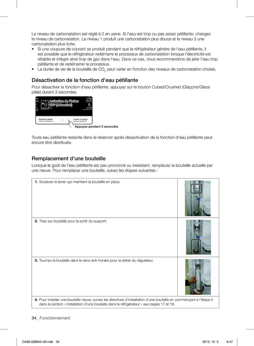 Samsung RF31FMEDBSR, RF31FMESBSR, RF31FMEDBBC Désactivation de la fonction deau pétillante, Remplacement dune bouteille 