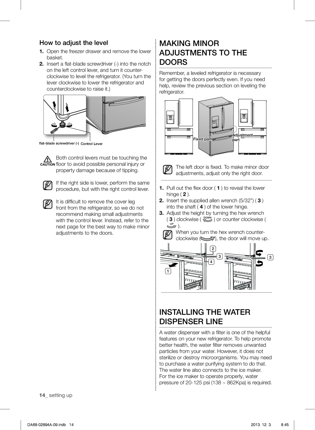 Samsung RF31FMEDBBC Making Minor Adjustments to the Doors, Installing the Water Dispenser Line, How to adjust the level 