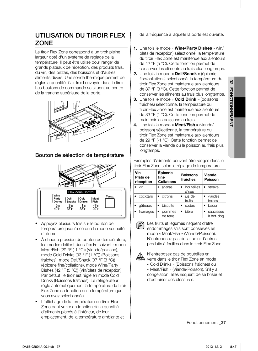 Samsung RF31FMEDBSR, RF31FMESBSR, RF31FMEDBBC user manual Utilisation DU Tiroir Flex Zone, Bouton de sélection de température 