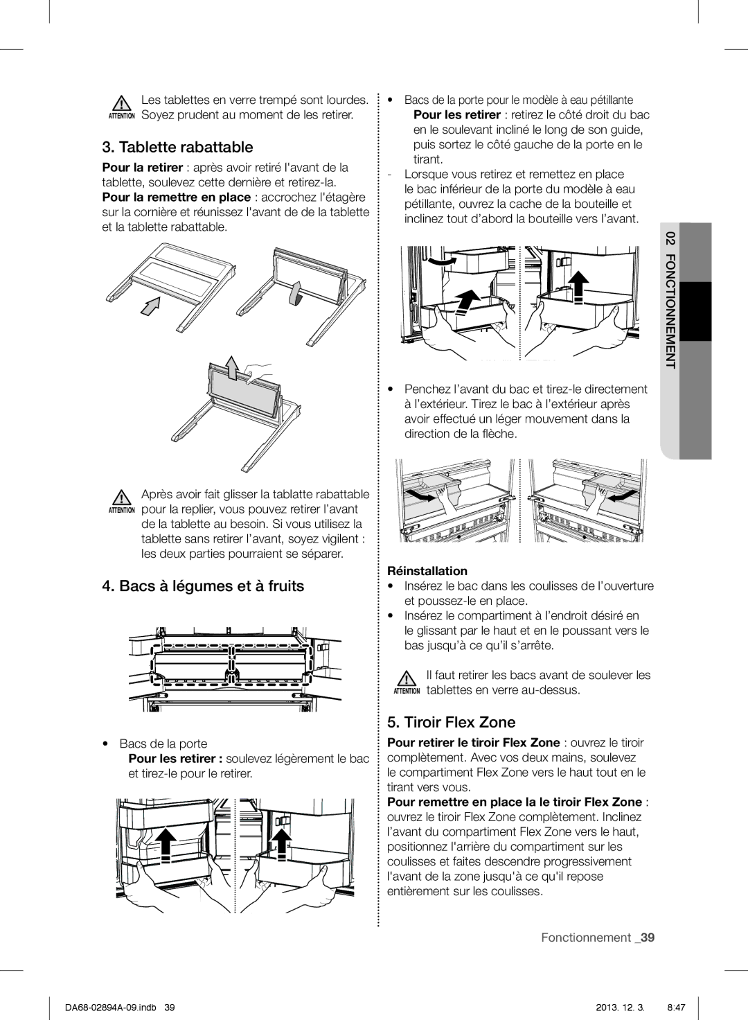 Samsung RF31FMEDBBC, RF31FMEDBSR Tablette rabattable, Bacs à légumes et à fruits, Tiroir Flex Zone, Tirant, Réinstallation 