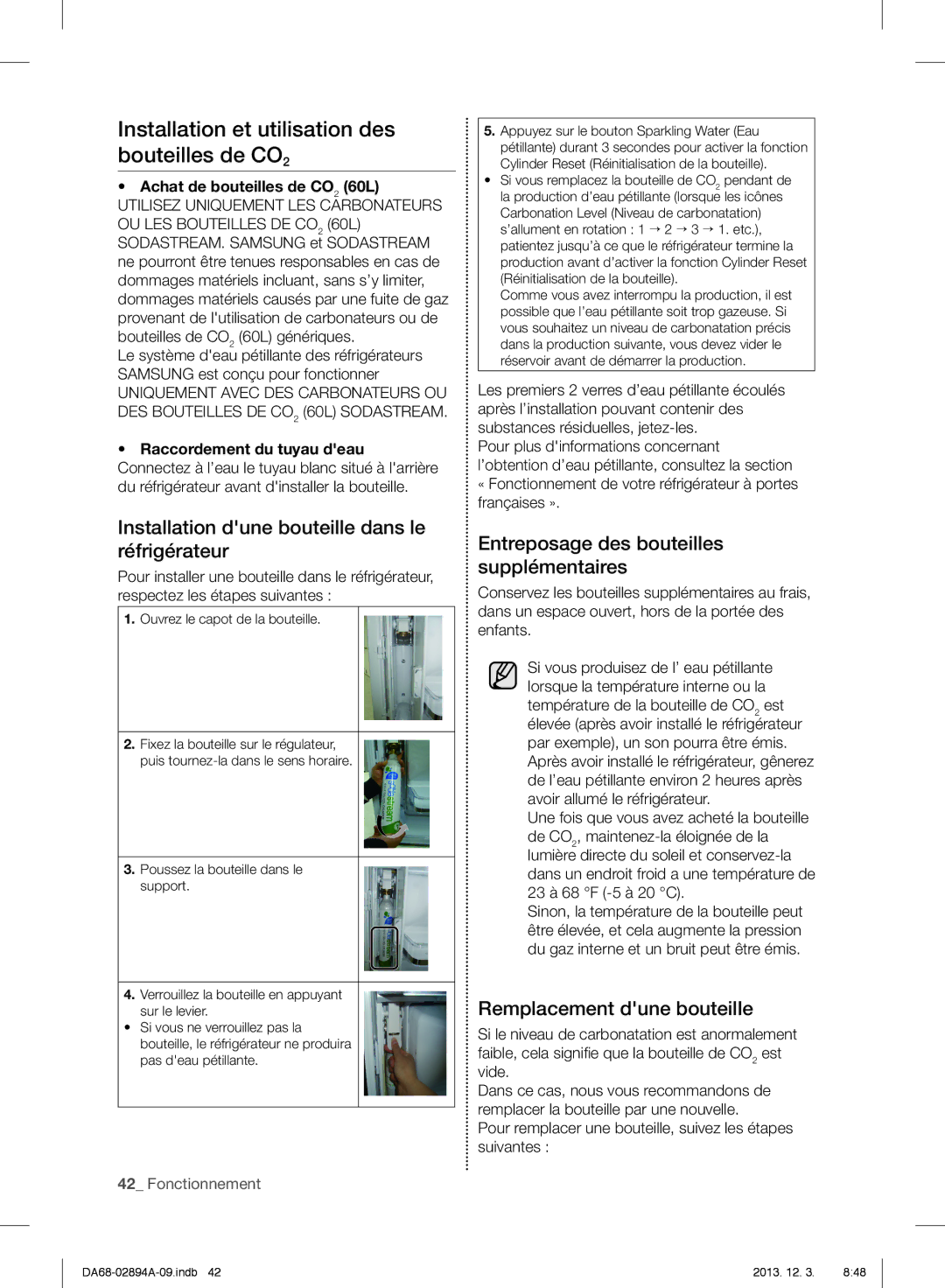 Samsung RF31FMEDBBC Installation et utilisation des bouteilles de CO2, Entreposage des bouteilles supplémentaires 