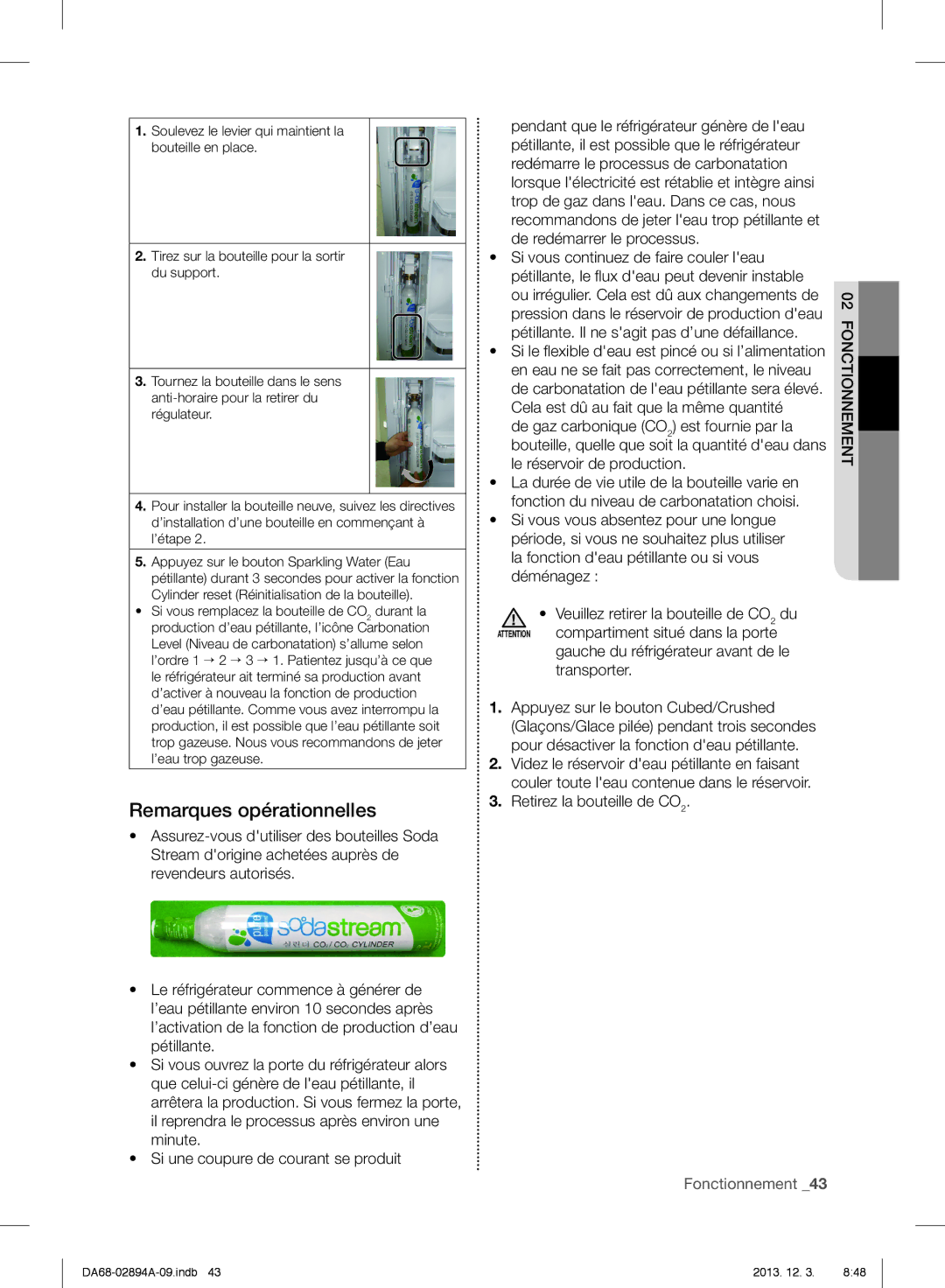 Samsung RF31FMEDBSR, RF31FMESBSR, RF31FMEDBBC user manual Remarques opérationnelles, Retirez la bouteille de CO2 