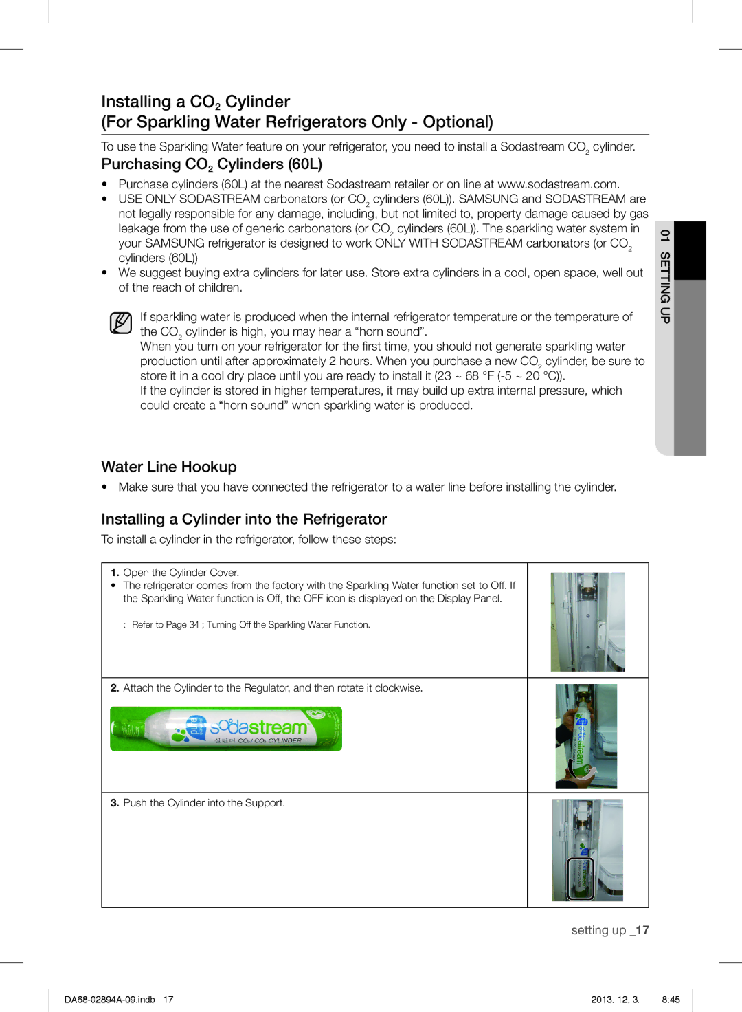 Samsung RF31FMEDBBC Purchasing CO2 Cylinders 60L, Water Line Hookup, Installing a Cylinder into the Refrigerator 