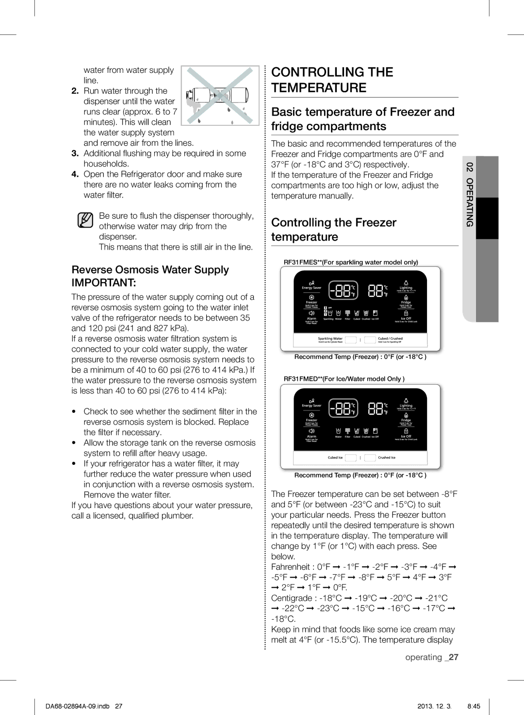 Samsung RF31FMEDBSR Controlling Temperature, Basic temperature of Freezer and fridge compartments, Controlling the Freezer 