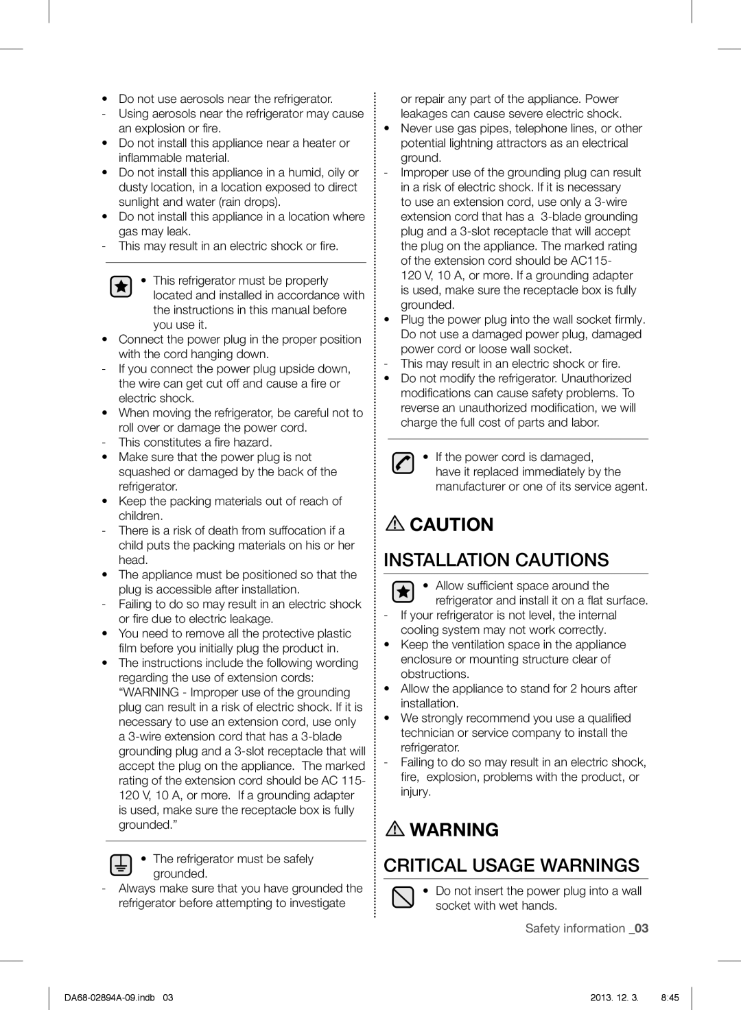 Samsung RF31FMEDBSR Installation Cautions, Critical Usage Warnings, Refrigerator must be safely grounded, Ground 