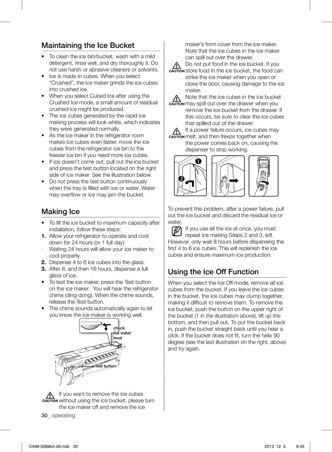 Samsung RF31FMEDBSR Maintaining the Ice Bucket, Making Ice, Using the Ice Off Function, Ice maker off and remove the ice 