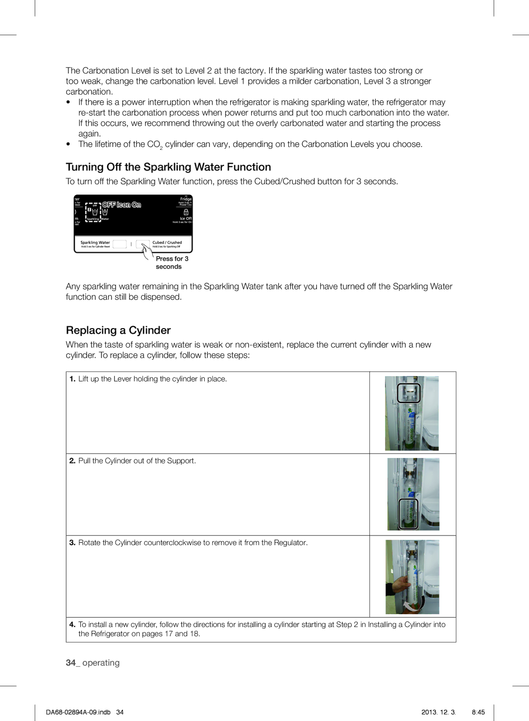 Samsung RF31FMESBSR, RF31FMEDBSR, RF31FMEDBBC user manual Turning Off the Sparkling Water Function, Replacing a Cylinder 