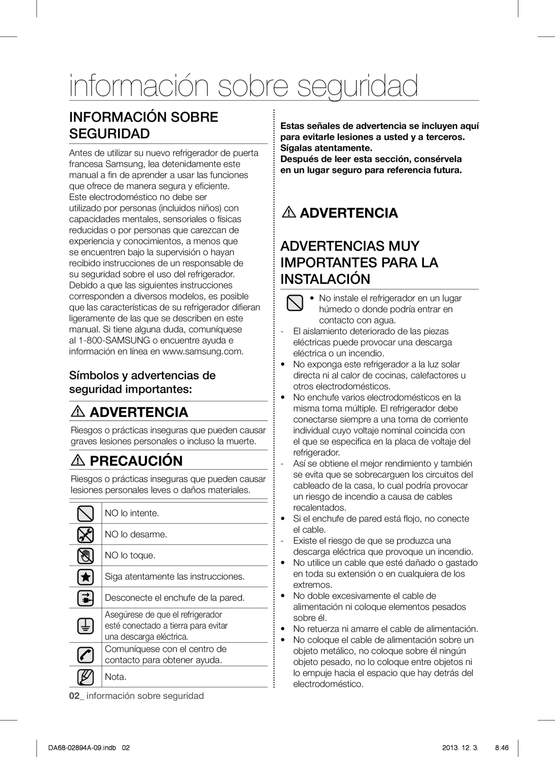 Samsung RF31FMEDBSR, RF31FMESBSR, RF31FMEDBBC Información sobre seguridad, Información Sobre Seguridad, Refrigerador 