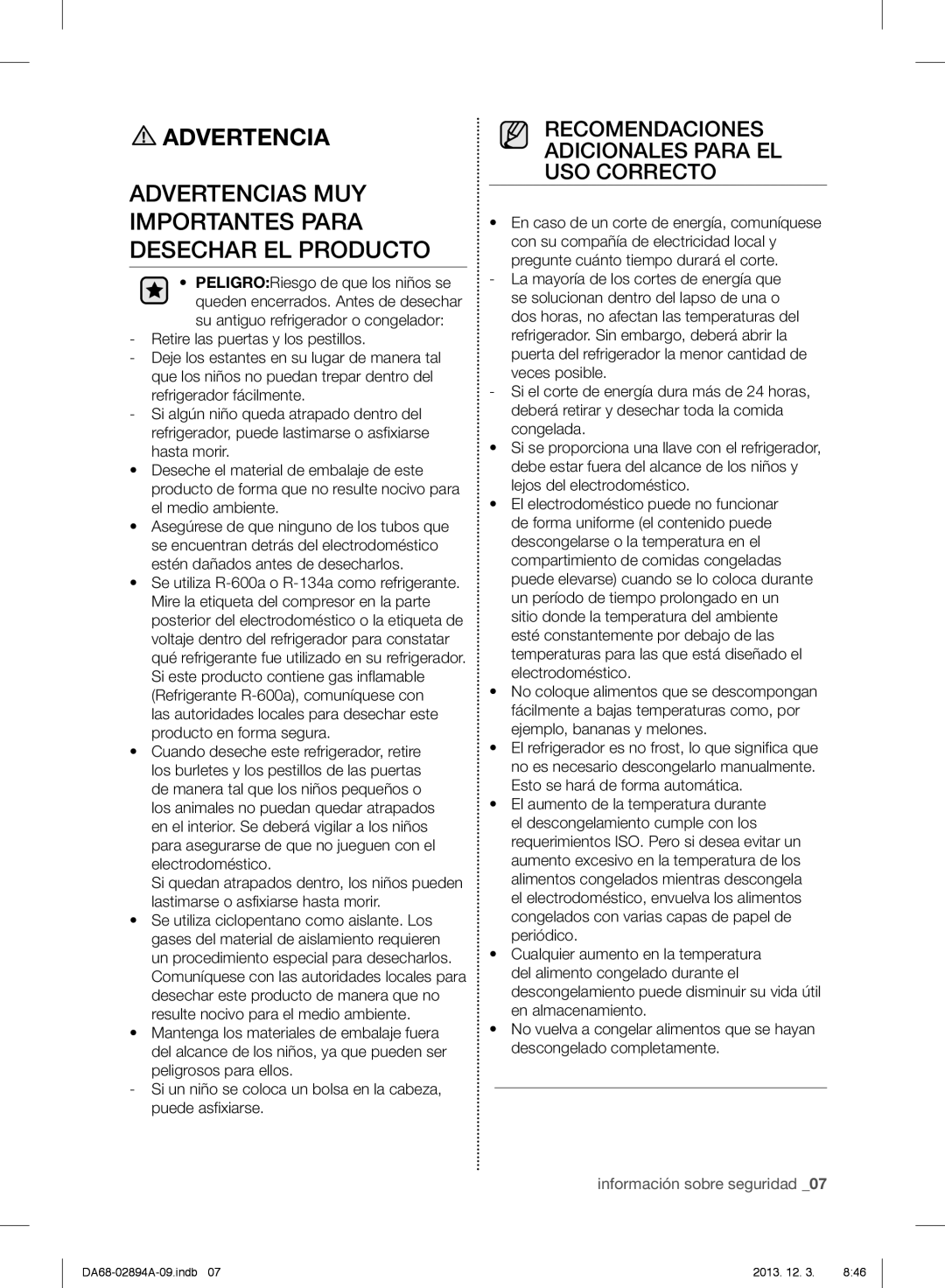 Samsung RF31FMEDBBC, RF31FMEDBSR, RF31FMESBSR user manual Advertencias MUY Importantes Para Desechar EL Producto 