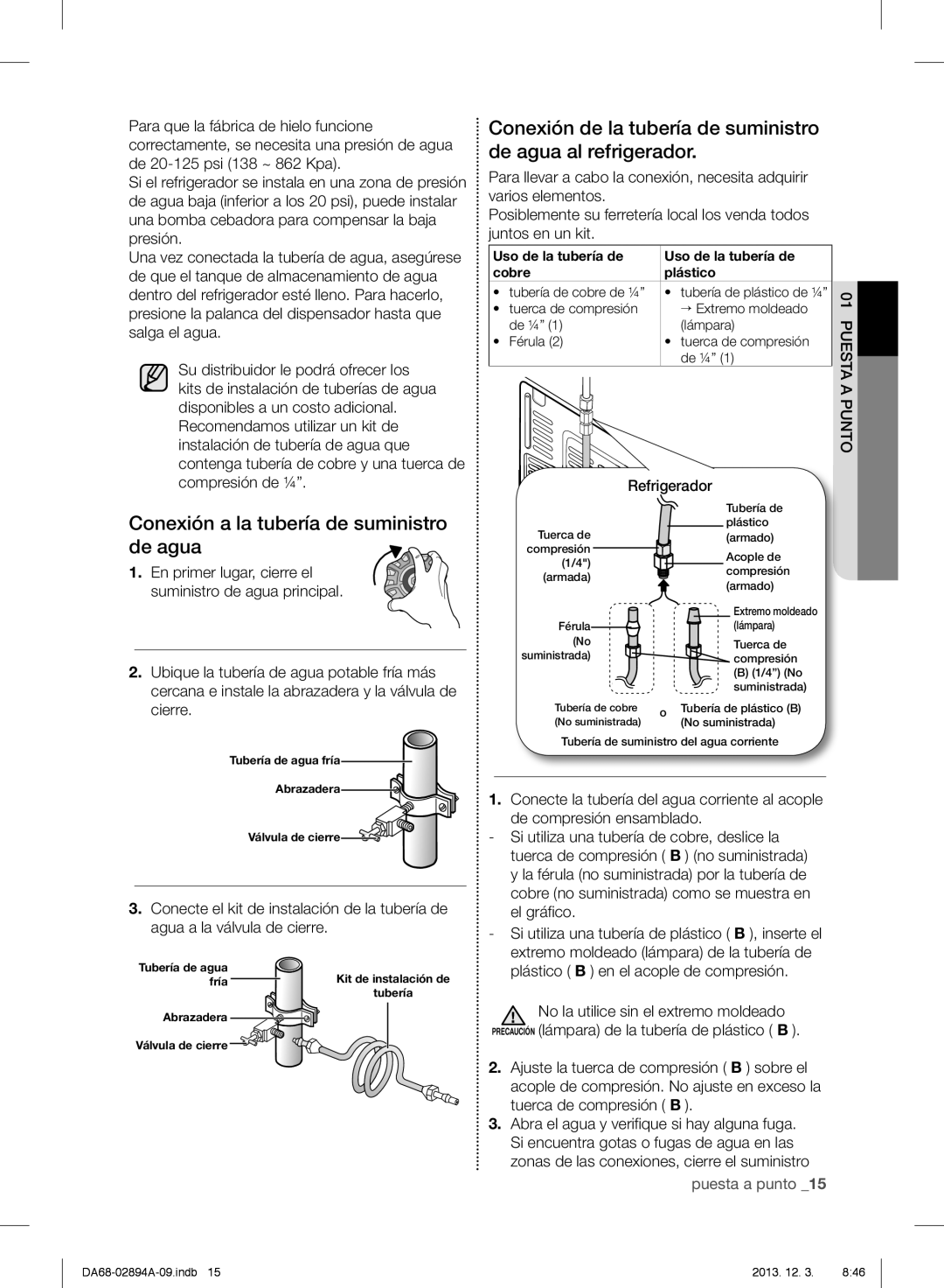 Samsung RF31FMESBSR, RF31FMEDBSR Conexión a la tubería de suministro de agua, Uso de la tubería de Cobre Plástico 