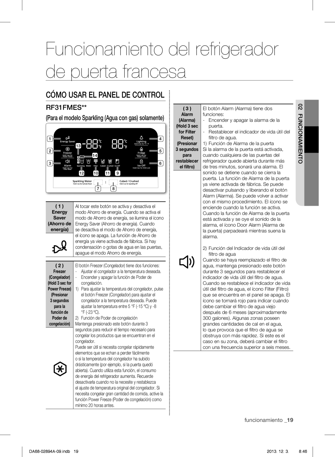 Samsung RF31FMEDBBC, RF31FMEDBSR, RF31FMESBSR user manual Alarma Hold 3 sec For Filter Reset Presionar, Restablecer El filtro 