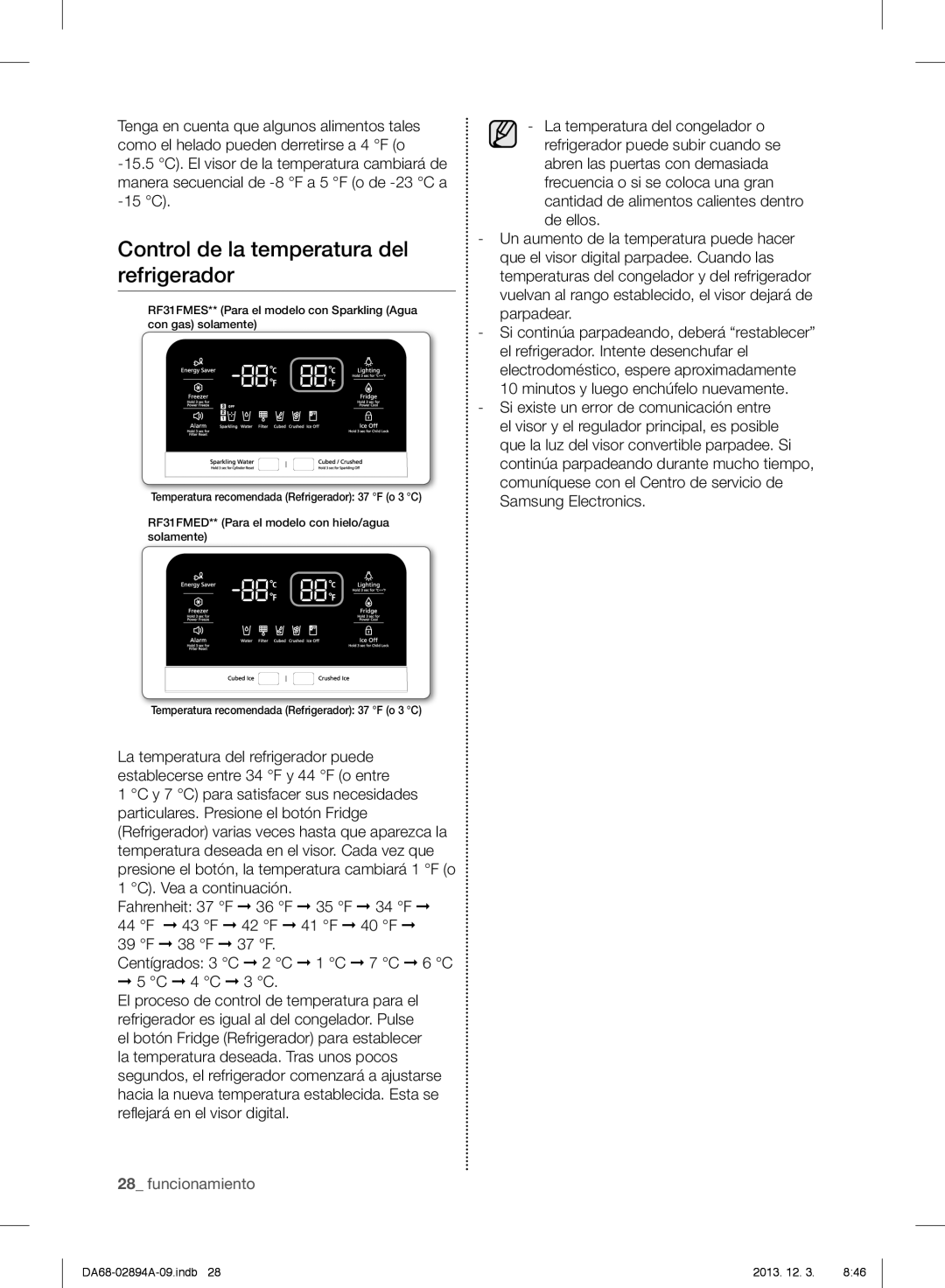 Samsung RF31FMEDBBC, RF31FMEDBSR, RF31FMESBSR user manual Control de la temperatura del refrigerador 