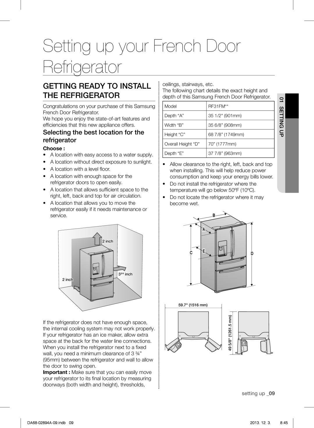 Samsung RF31FMEDBSR user manual Setting up your French Door Refrigerator, Getting Ready to Install the Refrigerator, Choose 