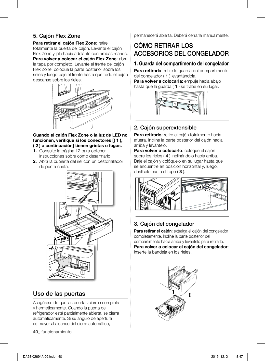 Samsung RF31FMEDBBC, RF31FMEDBSR Uso de las puertas, Cajón Flex Zone, Cajón superextensible, Cajón del congelador 