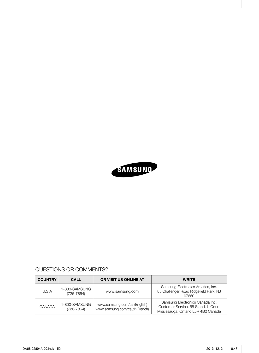 Samsung RF31FMEDBBC Questions Or Comments?, Country, Call, Or Visit Us Online At, Write, DA68-02894A-09.indb, 2013. 12. 3 