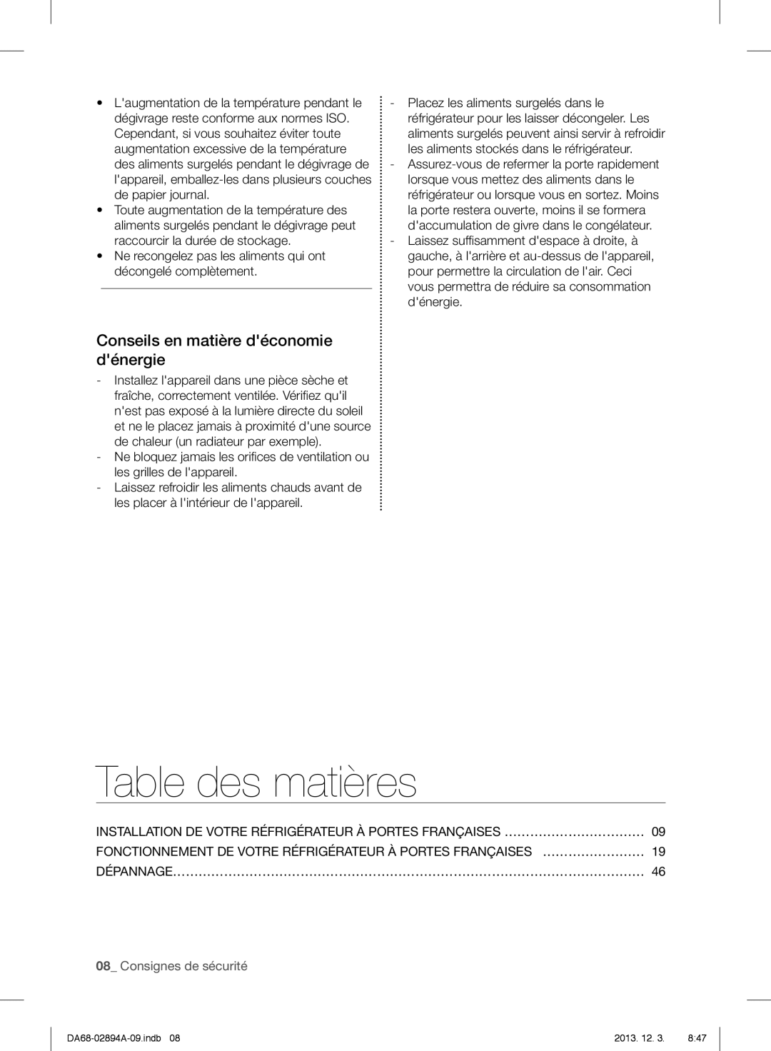 Samsung RF31FMESBSR, RF31FMEDBSR Table des matières, Conseils en matière déconomie dénergie, Consignes de sécurité 
