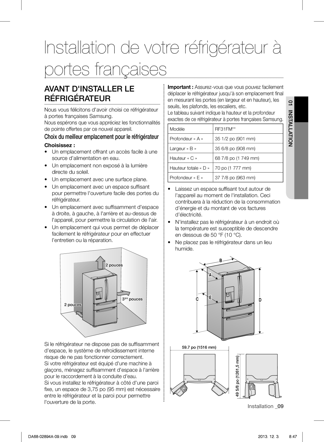 Samsung RF31FMEDBBC, RF31FMEDBSR, RF31FMESBSR user manual Avant Dinstaller Le Réfrigérateur, Installation 