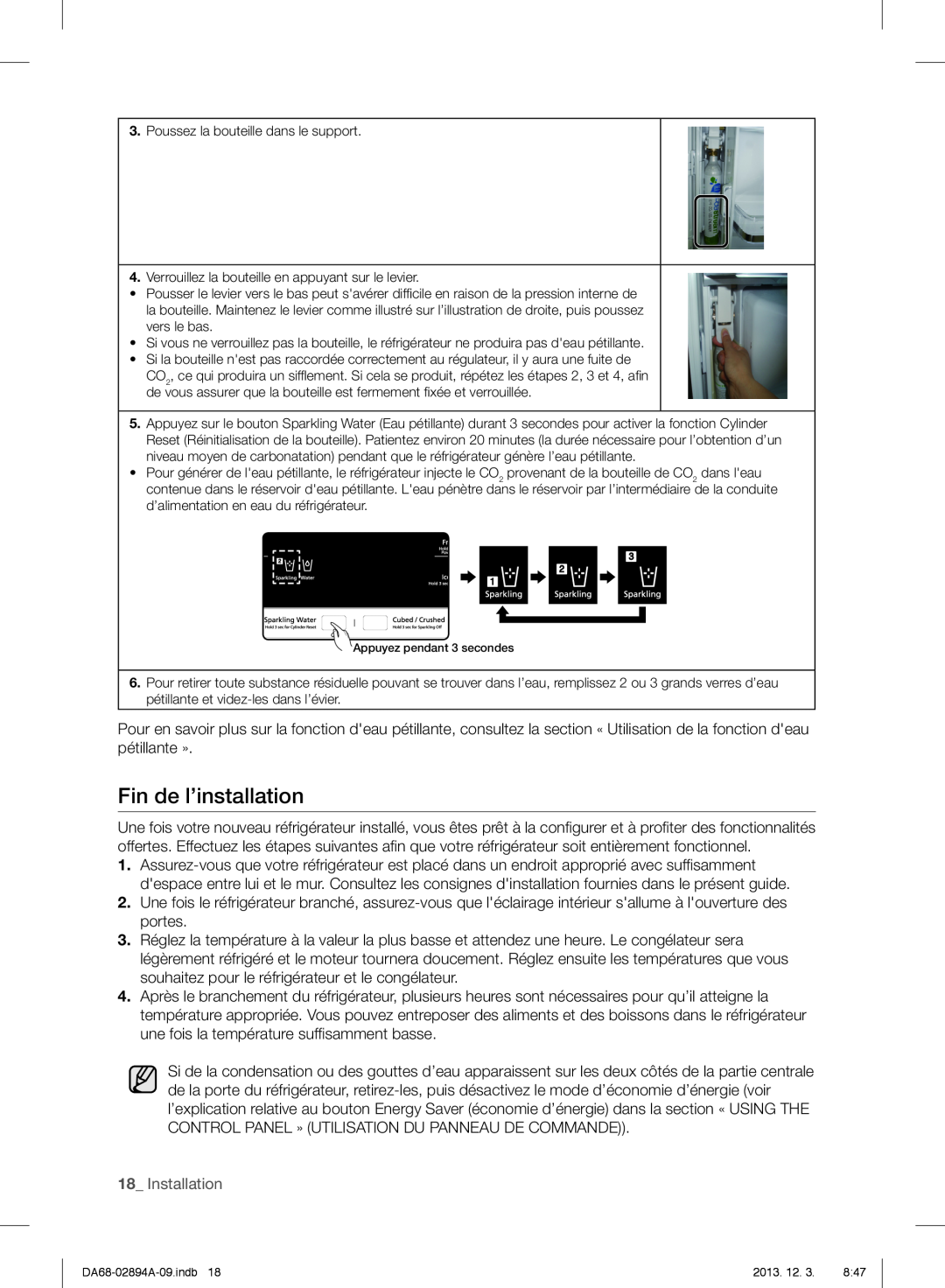 Samsung RF31FMEDBBC, RF31FMEDBSR, RF31FMESBSR user manual Fin de l’installation, Installation 