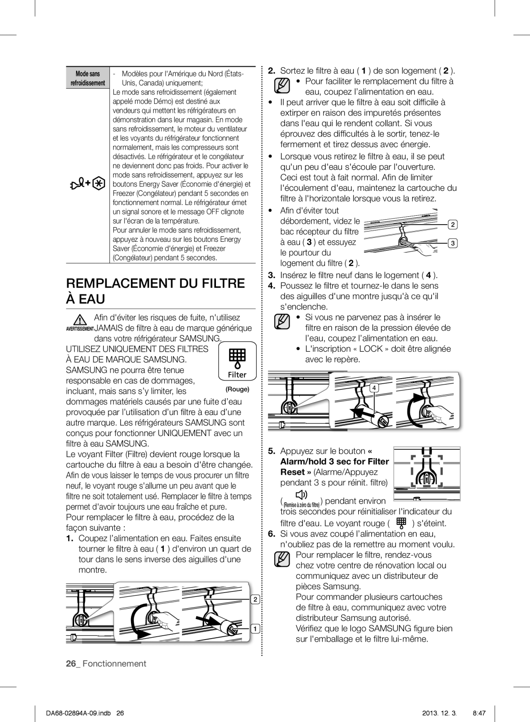 Samsung RF31FMESBSR, RF31FMEDBSR, RF31FMEDBBC user manual Remplacement Du Filtre À Eau, Fonctionnement 