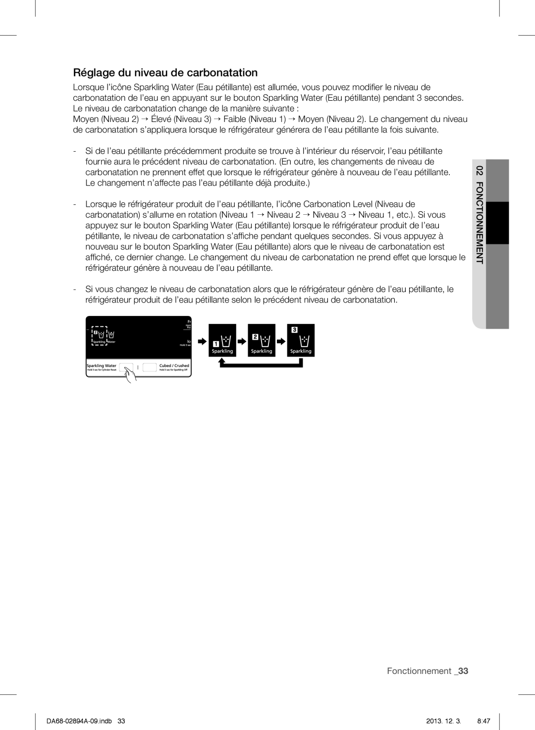 Samsung RF31FMEDBBC, RF31FMEDBSR, RF31FMESBSR user manual Réglage du niveau de carbonatation, Fonctionnement 