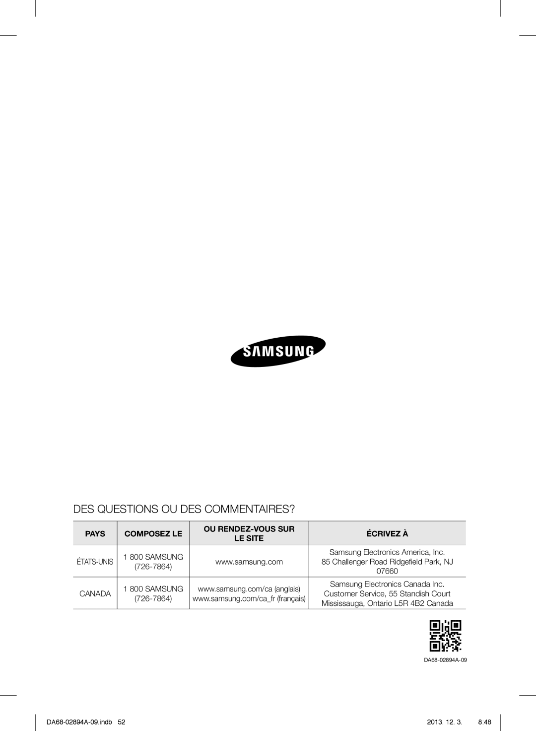 Samsung RF31FMEDBSR Des Questions Ou Des Commentaires?, Pays, Composez Le, Ou Rendez-Vous Sur, Écrivez À, Le Site 