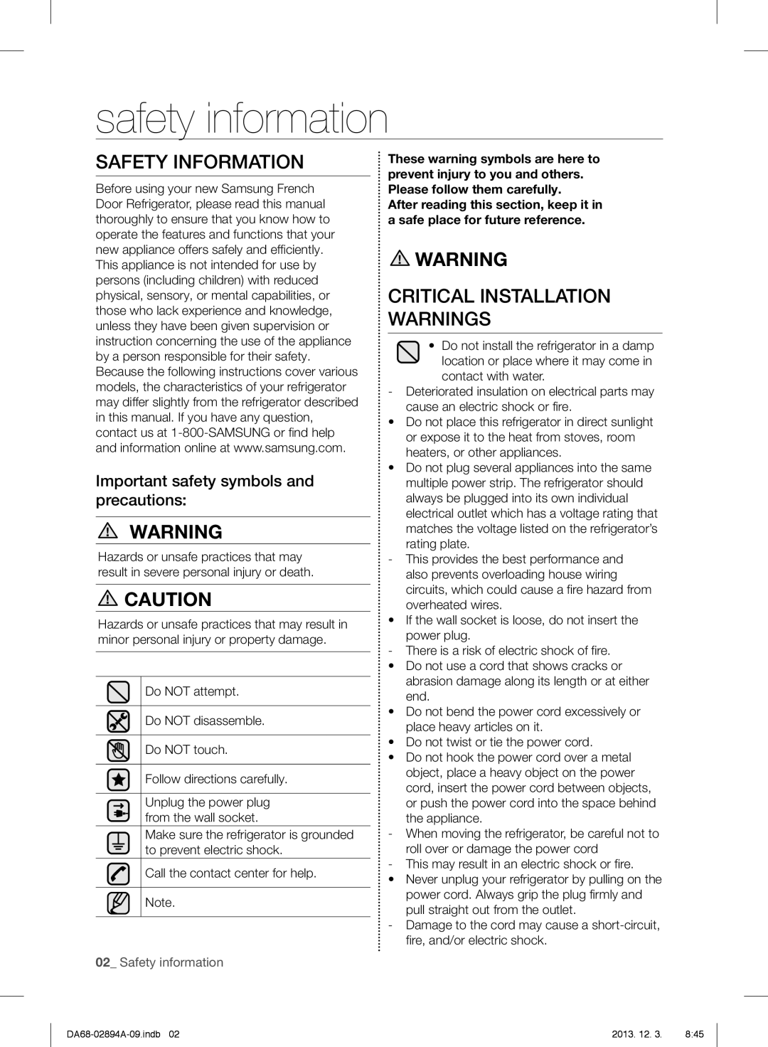 Samsung RF31FMEDBBC user manual safety information, Safety Information, Critical Installation Warnings, Safety information 