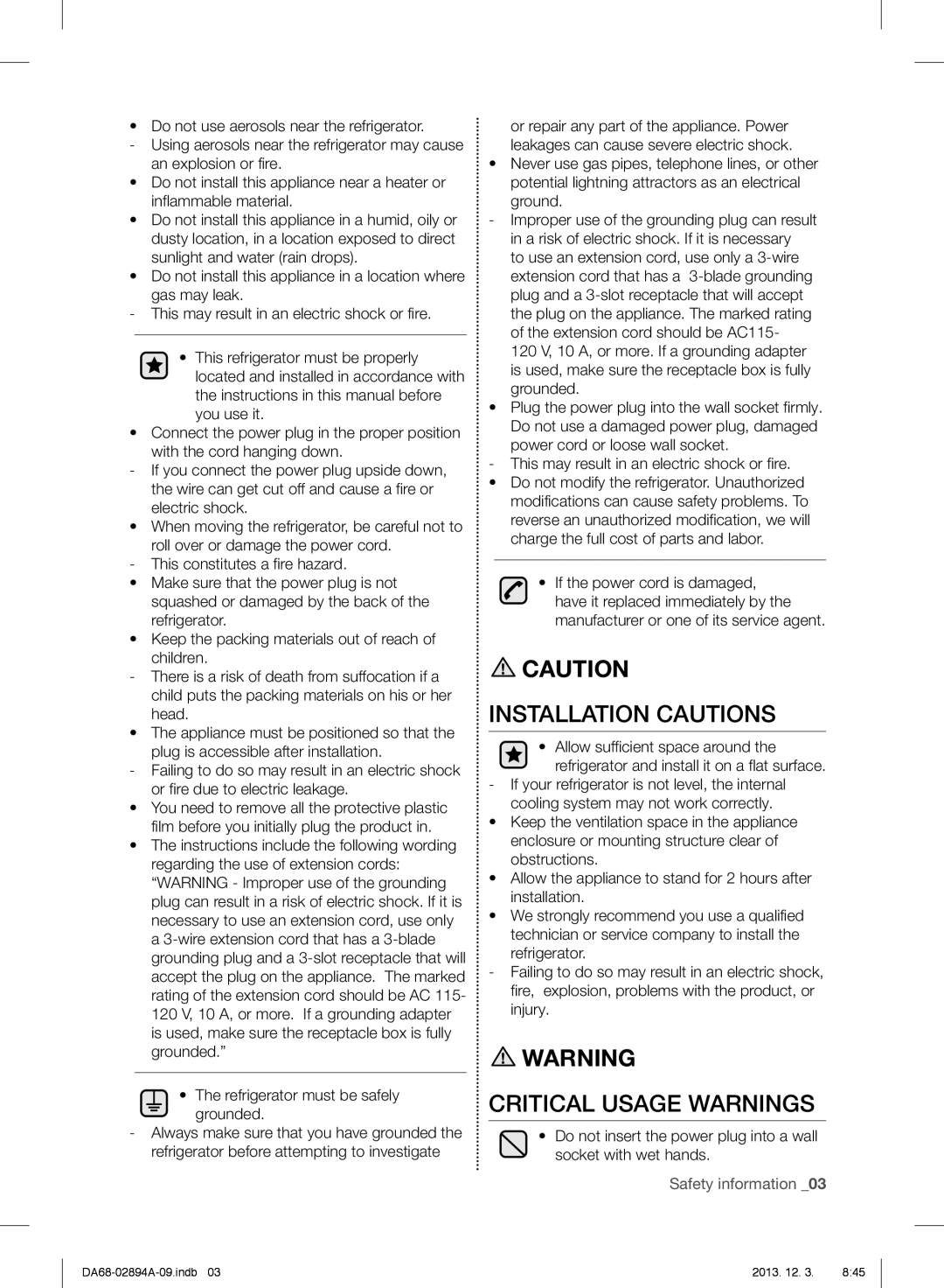 Samsung RF31FMEDBSR, RF31FMESBSR, RF31FMEDBBC user manual Installation Cautions, Critical Usage Warnings, Safety information 