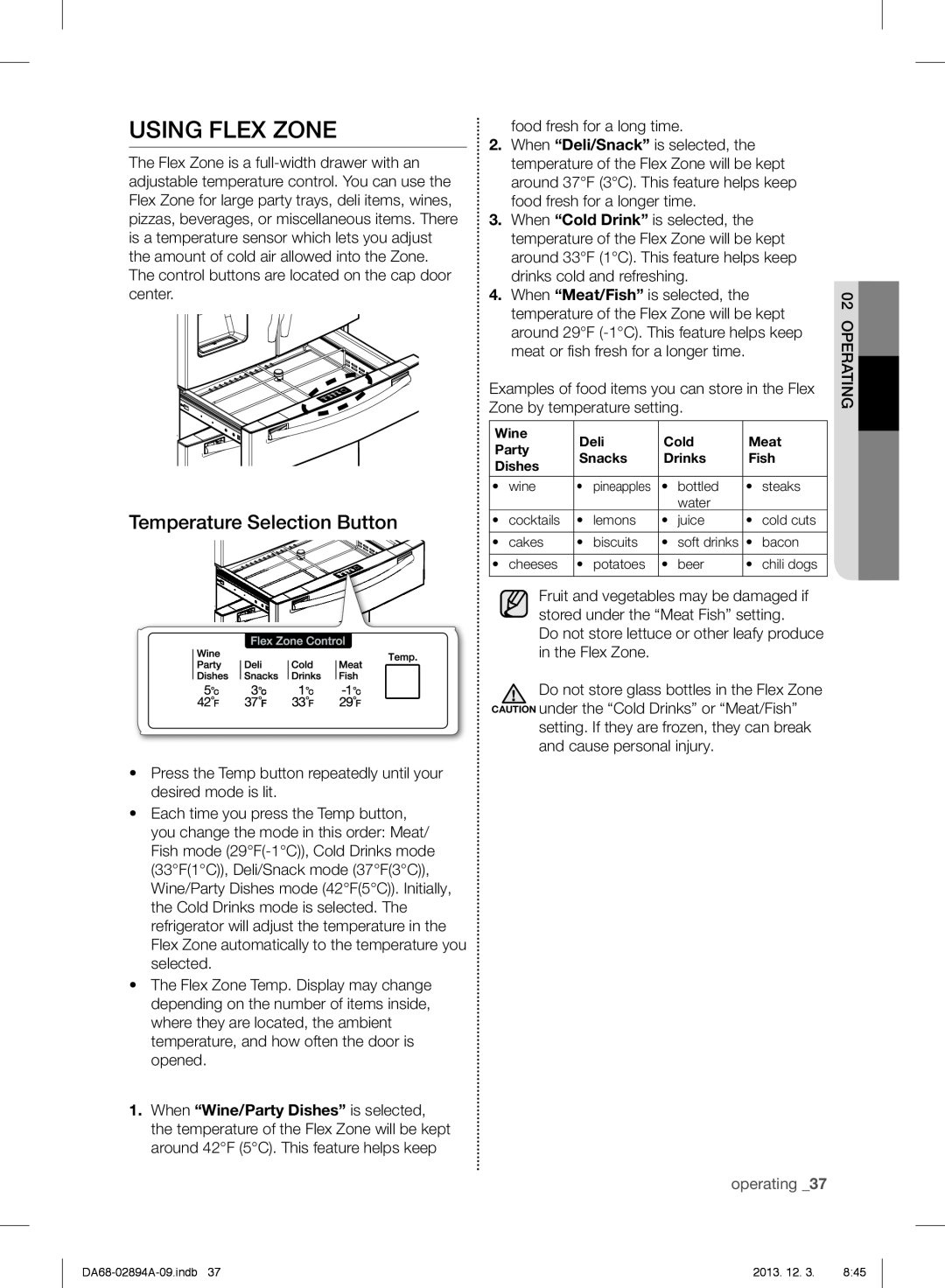 Samsung RF31FMESBSR, RF31FMEDBSR, RF31FMEDBBC user manual Using Flex Zone, Temperature Selection Button, operating 