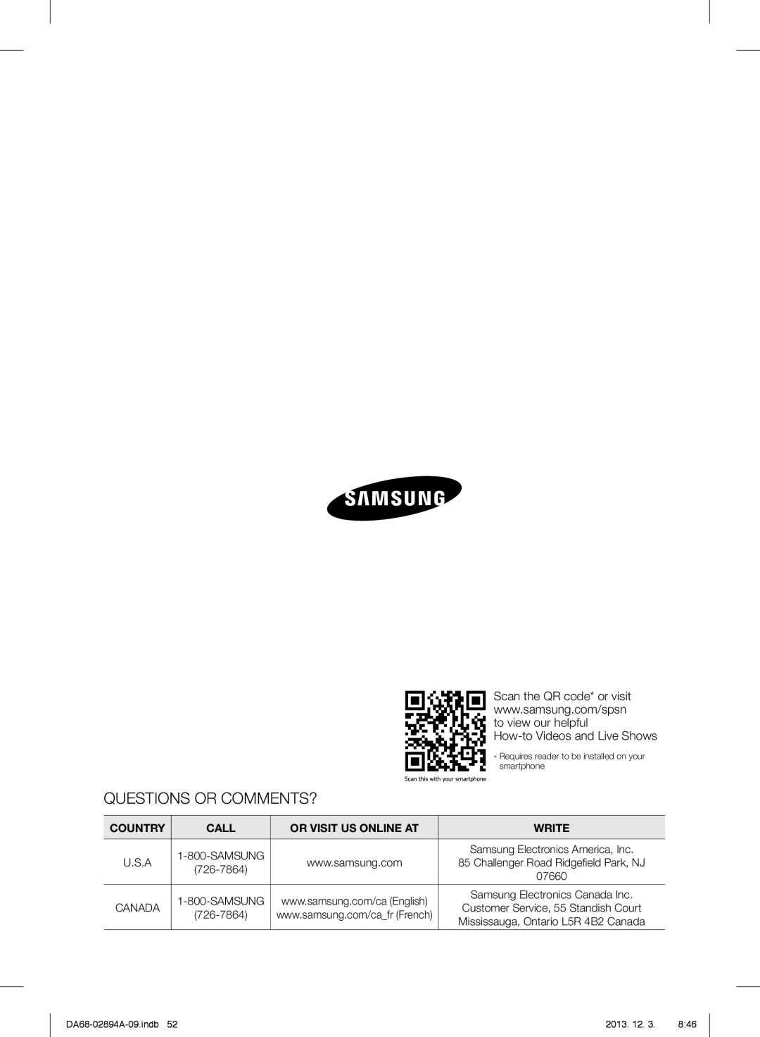 Samsung RF31FMESBSR Questions Or Comments?, Country, Call, Or Visit Us Online At, Write, DA68-02894A-09.indb, 2013. 12. 3 