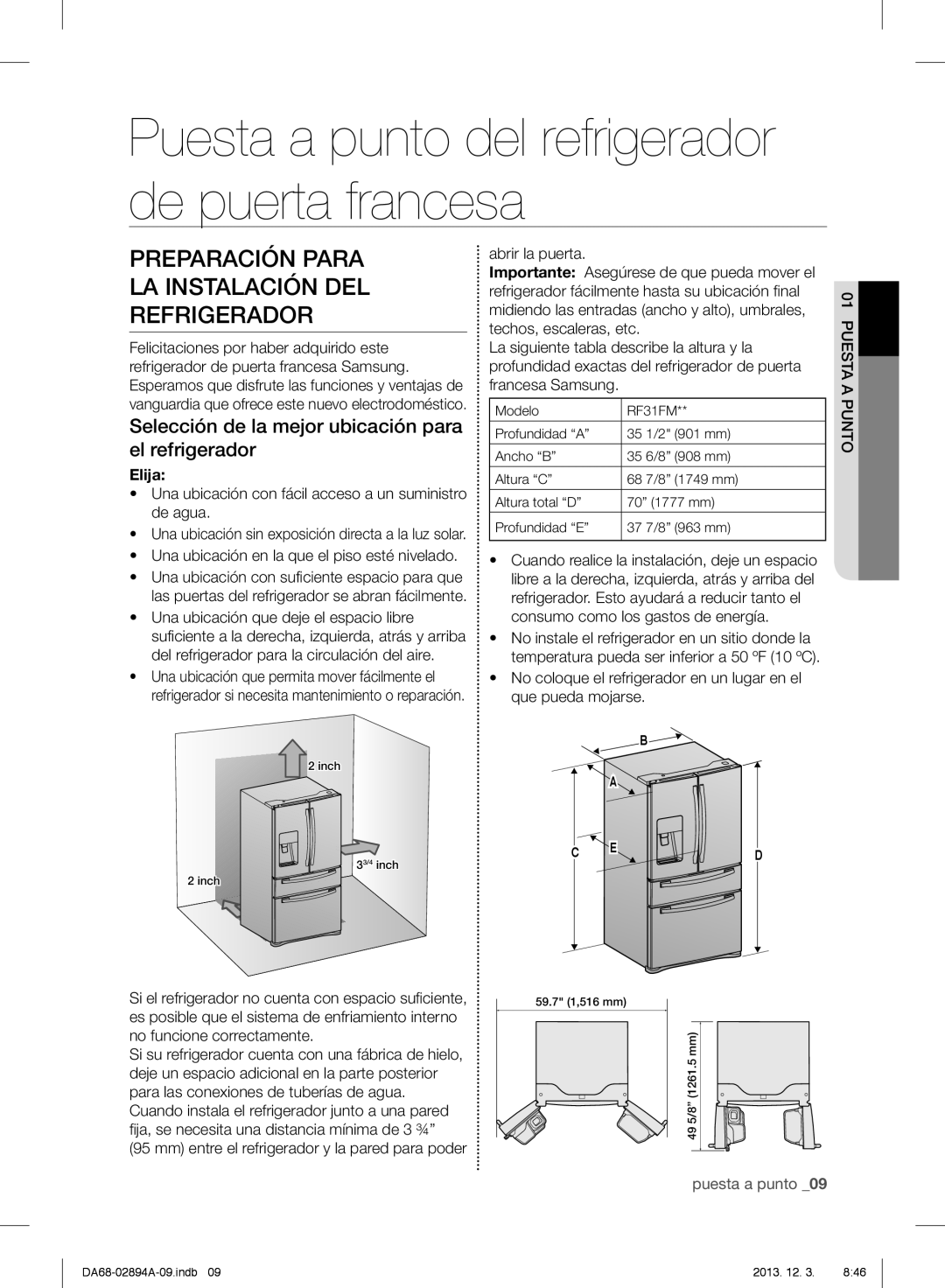 Samsung RF31FMESBSR Puesta a punto del refrigerador de puerta francesa, Preparación Para La Instalación Del Refrigerador 