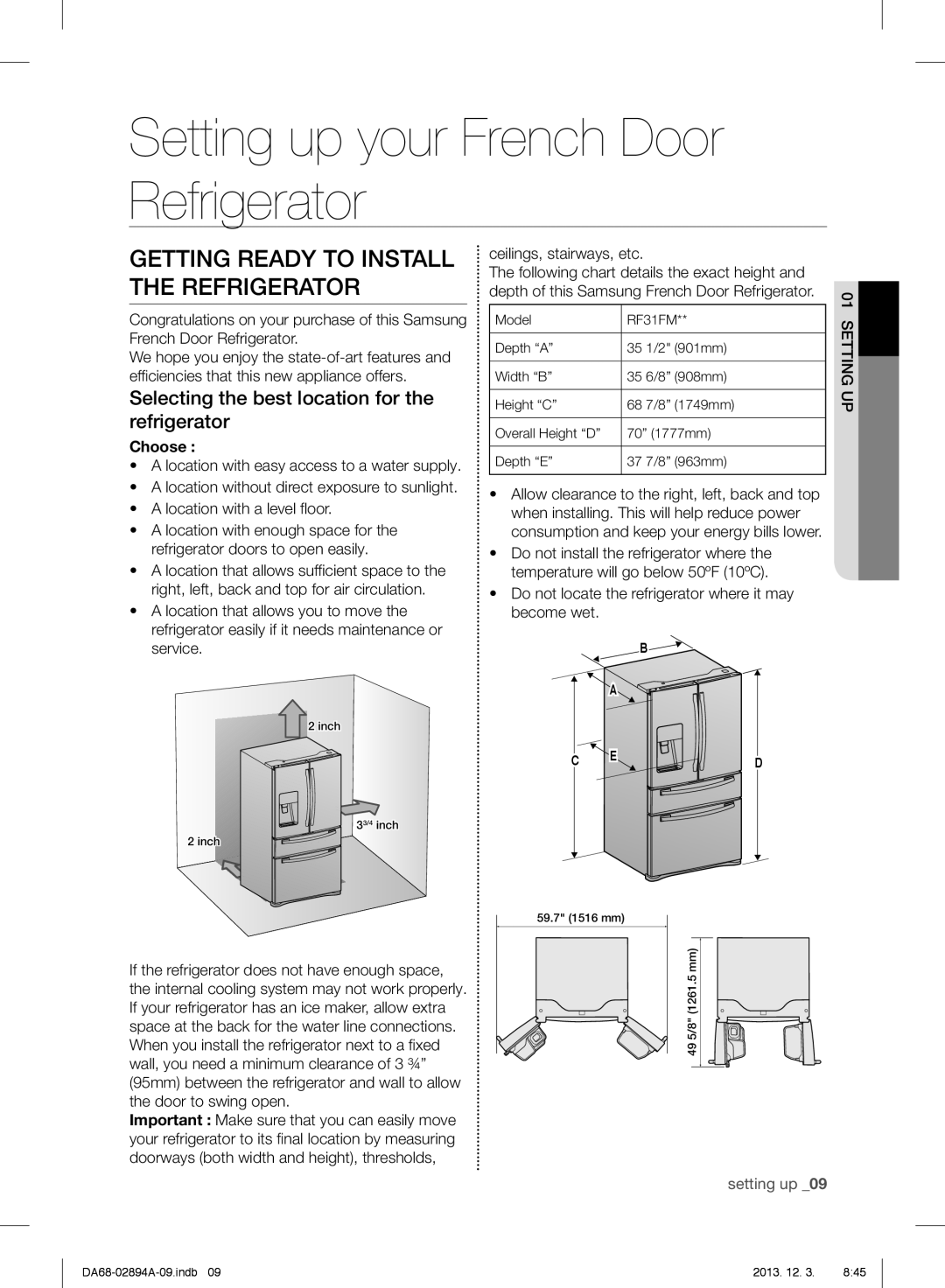 Samsung RF31FMEDBSR Setting up your French Door Refrigerator, Getting Ready To Install The Refrigerator, setting up 