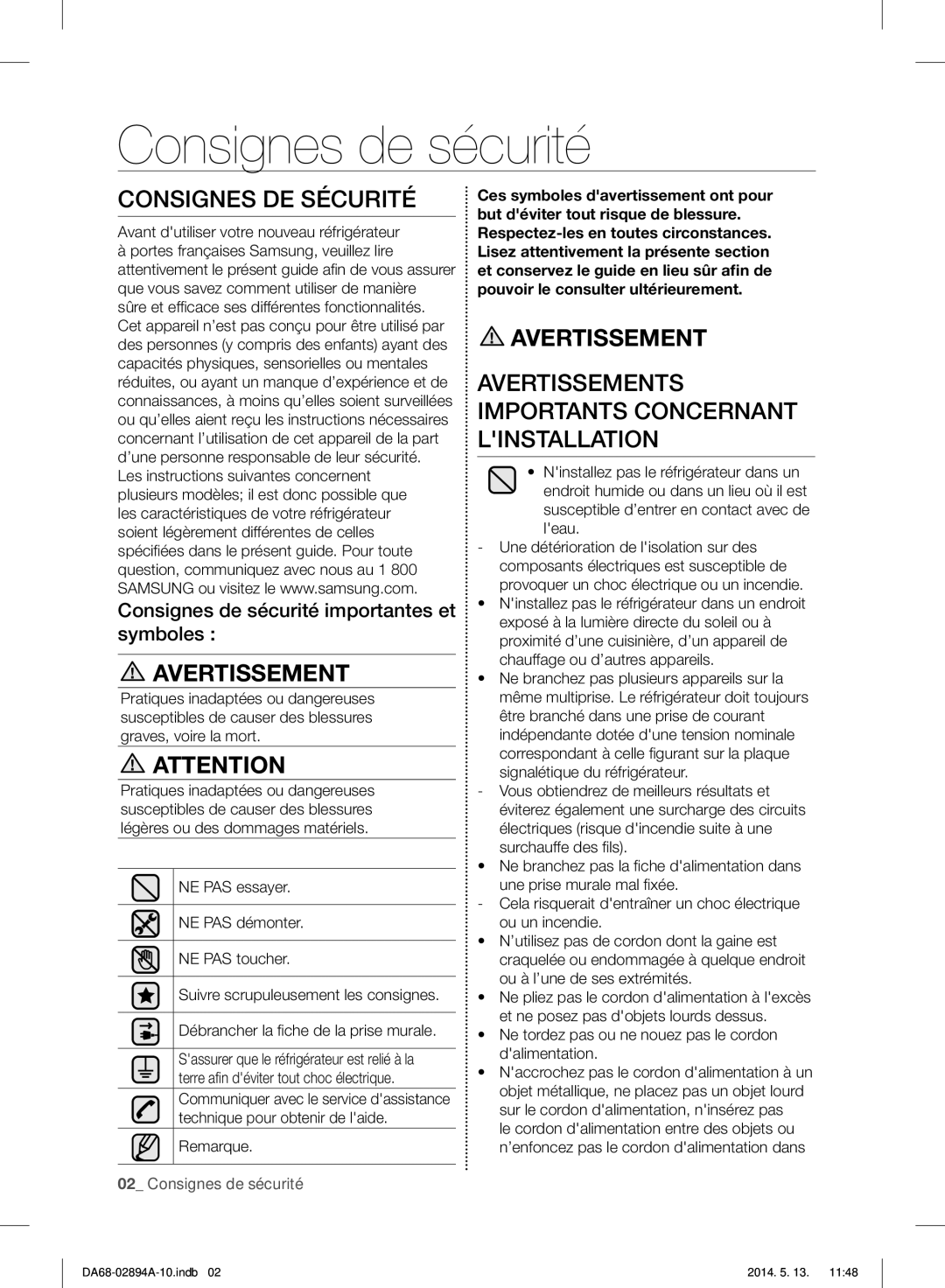 Samsung RF31FMESBSR Consignes de sécurité, Consignes DE Sécurité, Avertissements Importants Concernant Linstallation 