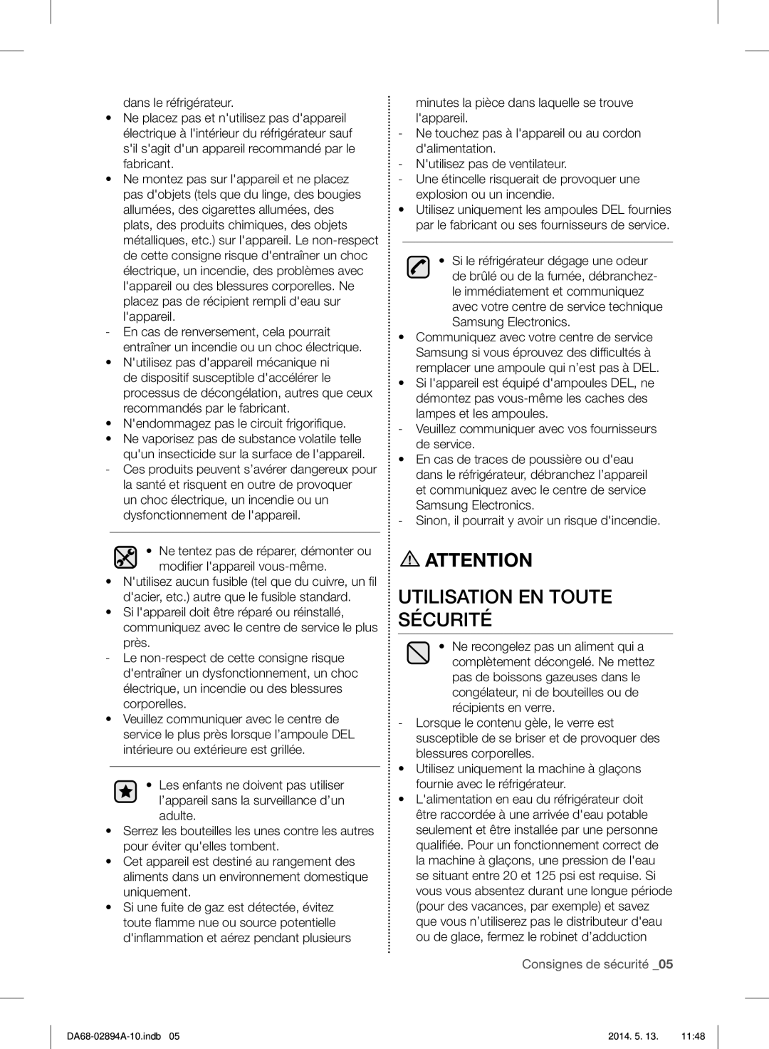 Samsung RF31FMESBSR user manual Utilisation EN Toute Sécurité 