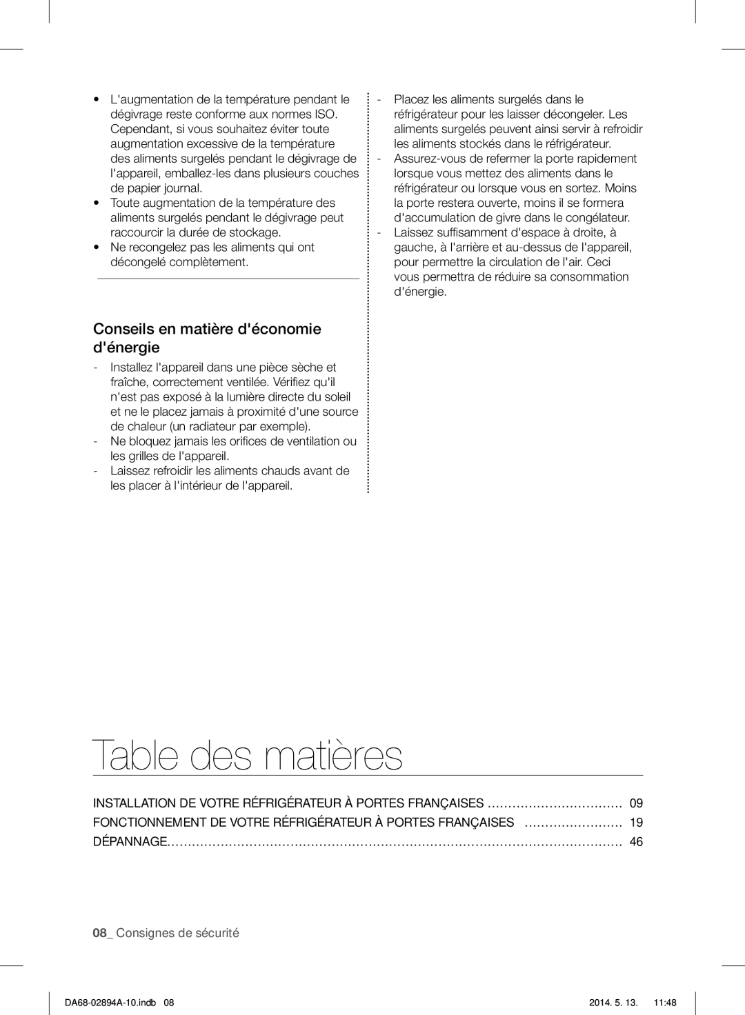 Samsung RF31FMESBSR user manual Table des matières, Conseils en matière déconomie dénergie 